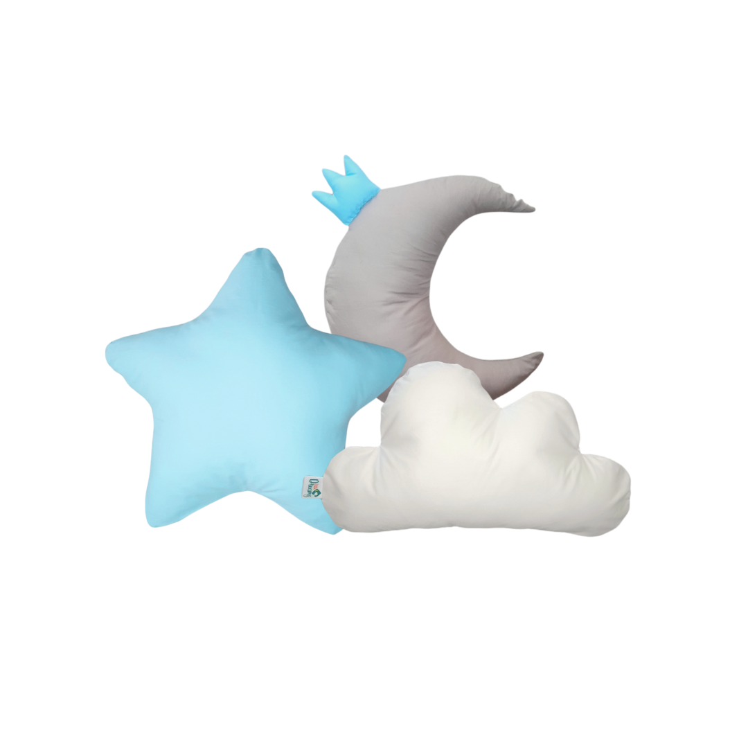 Set Tres Cojines Estrella Azul, Nube Blanca y Luna c/corona littledreams.cl