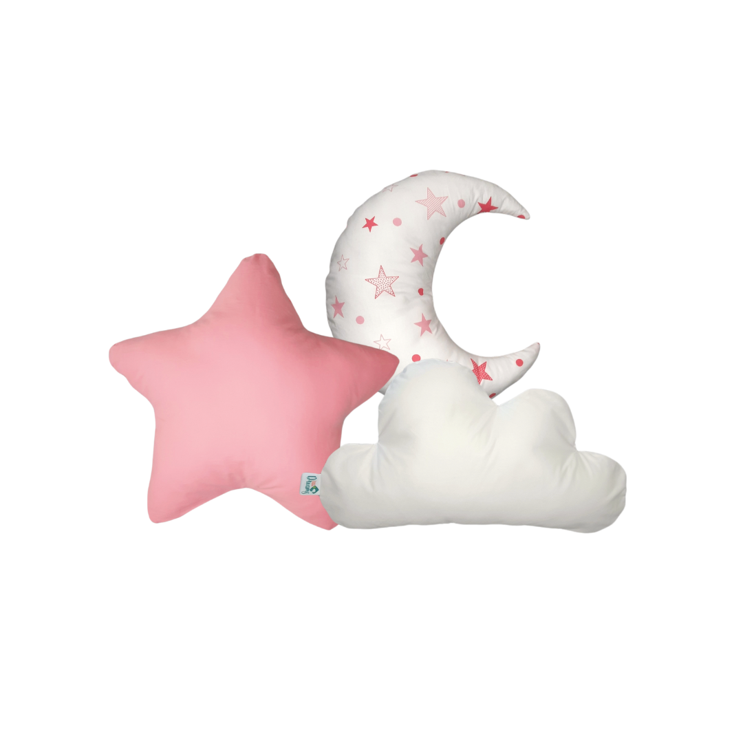 Set Tres Cojines Estrella Rosa, Nube Blanca y Luna littledreams.cl